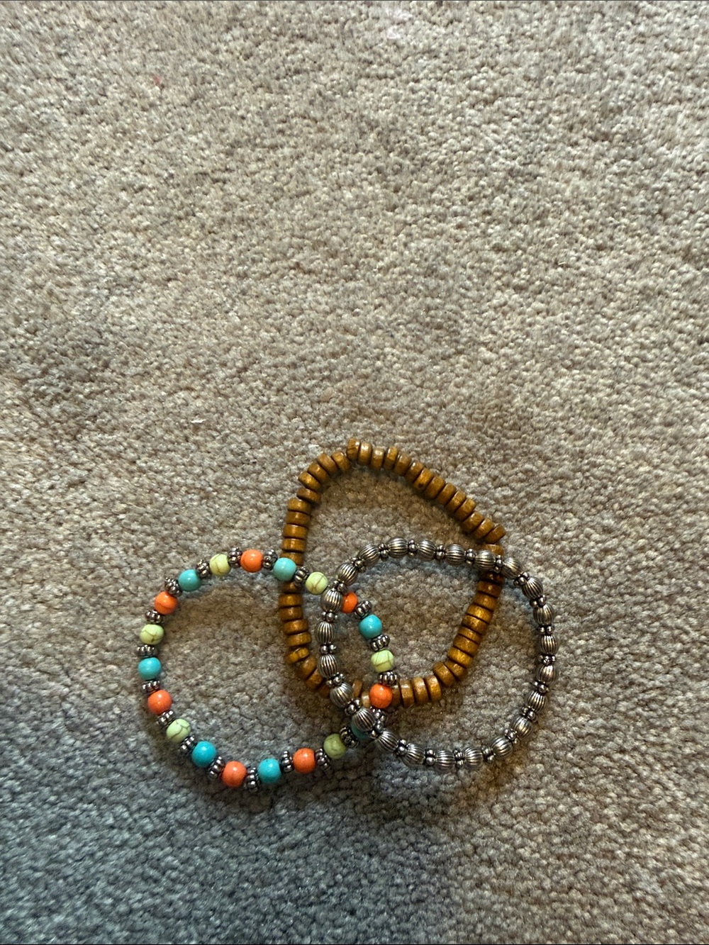 Beaded Stretch Bracelet Trio - Turquoise, Coral & Wood Tones - Picture 1 of 1
